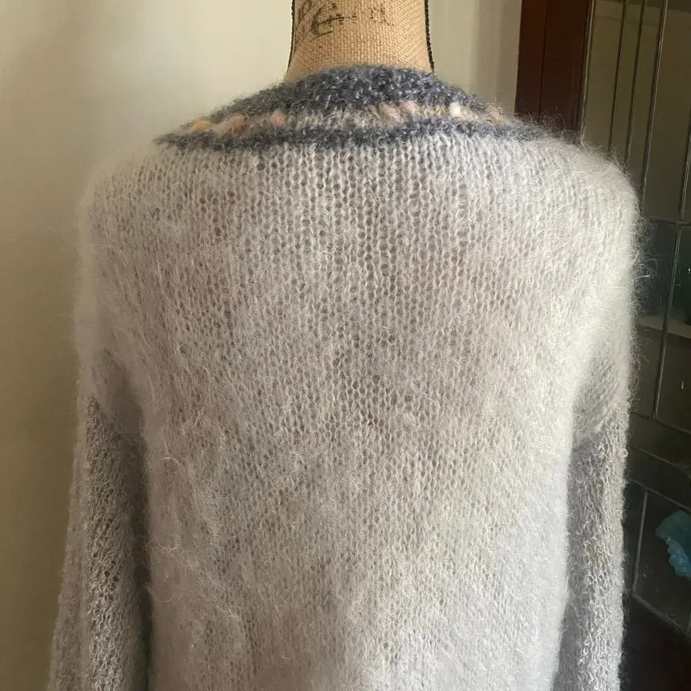 Vintage 70s 80s Handmade Mohair Wool Blend Sweater Fuzzy Knit Tunic Gray Long